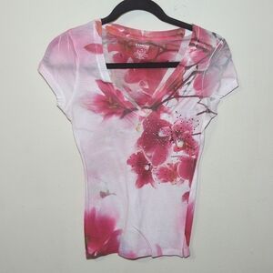 Express Floral Rhinestone Sheer V-neck T-shirt Women's Size XS